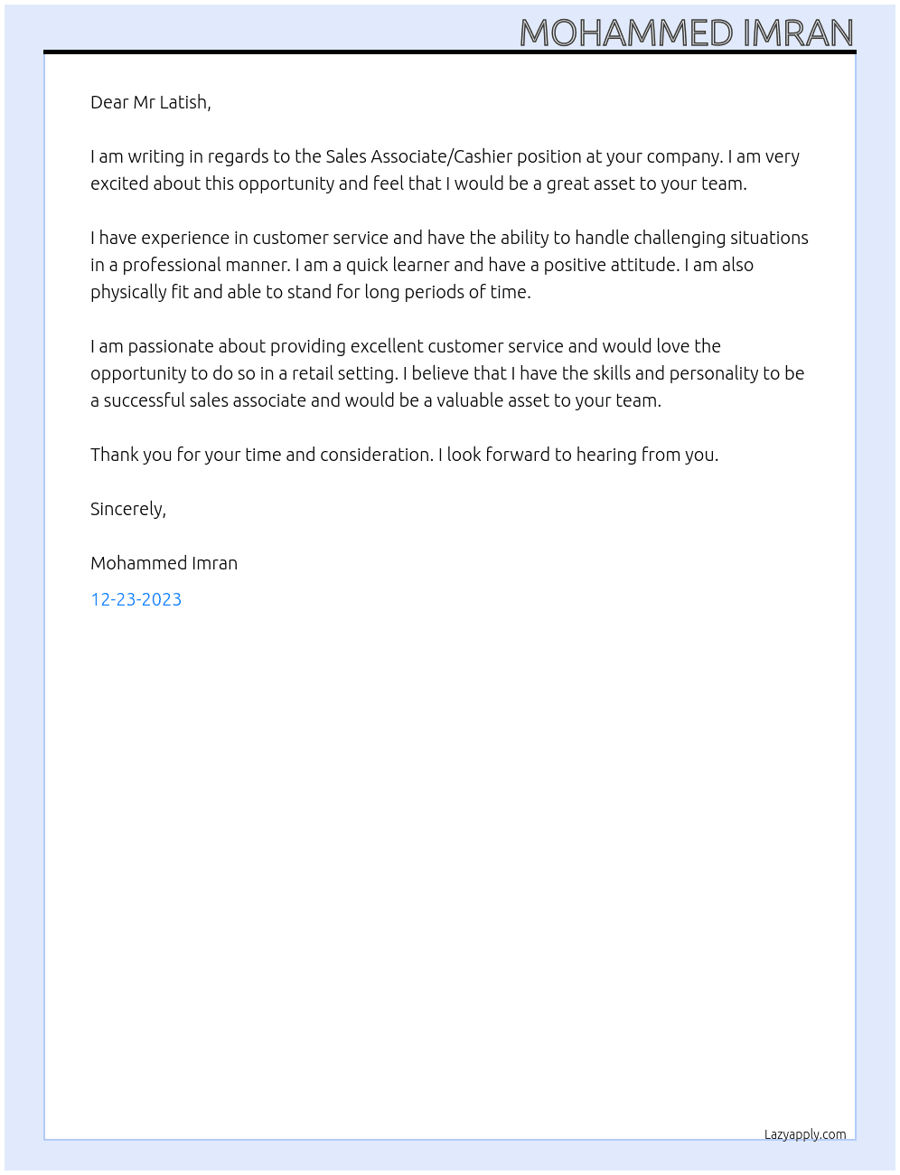 Sales associate/cashier At Retail sales associate  Cover Letter