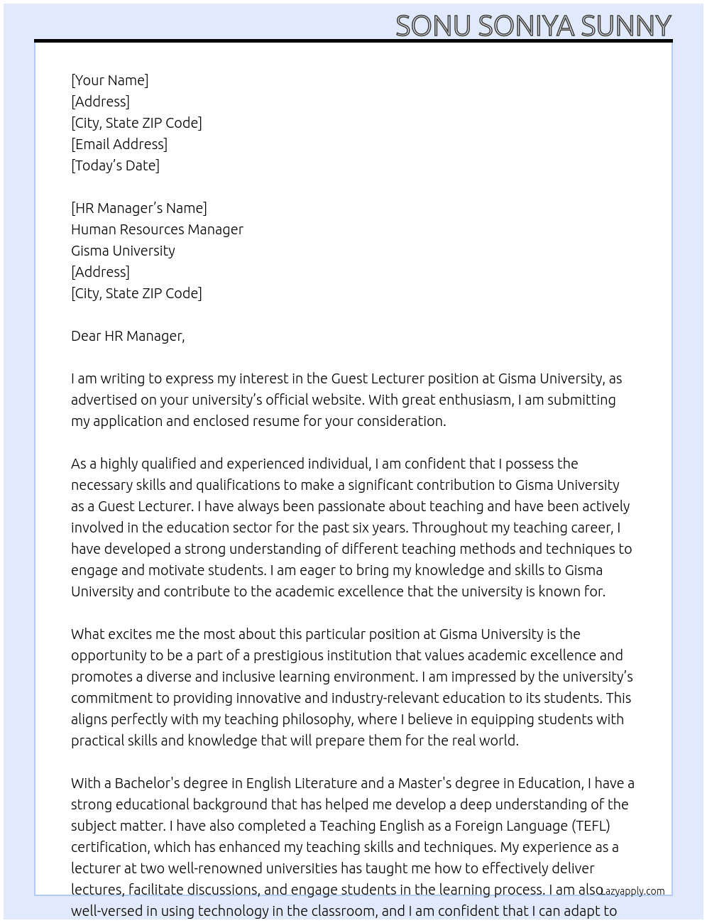 guest lecturer At Gisma University Cover Letter