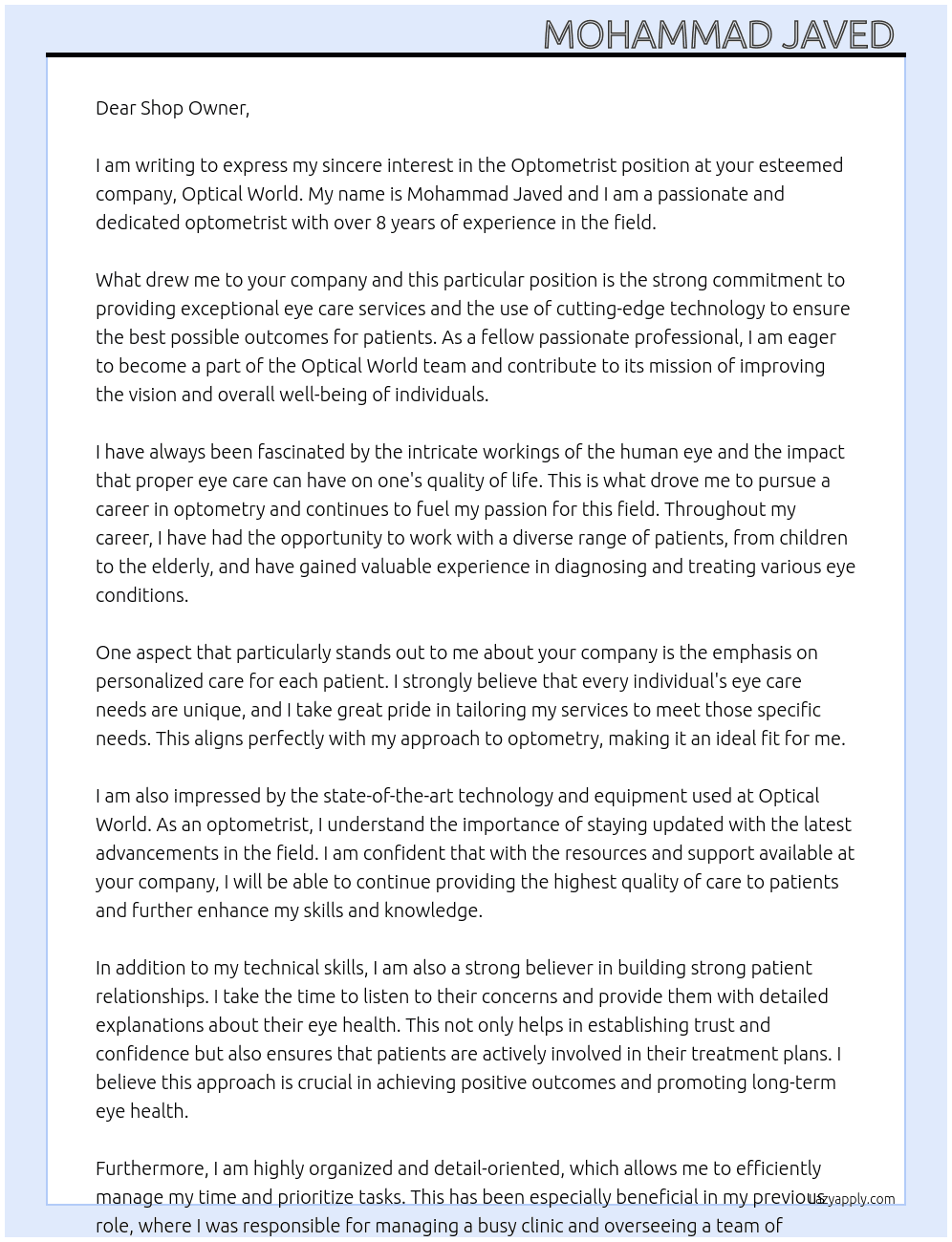 Optometrist  At Optical world Cover Letter