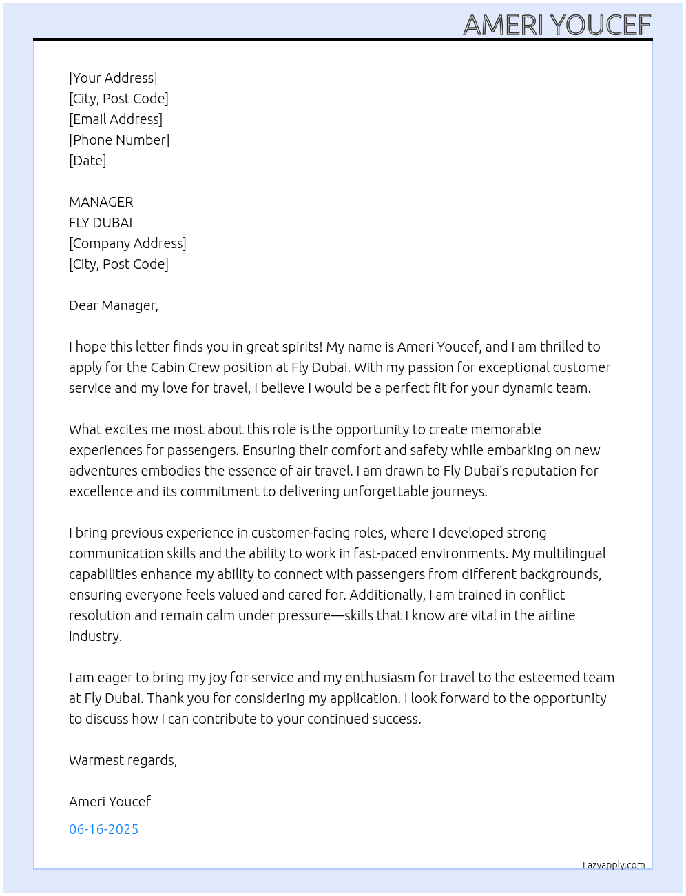 CABINE CREW  At FLY DUBAI Cover Letter