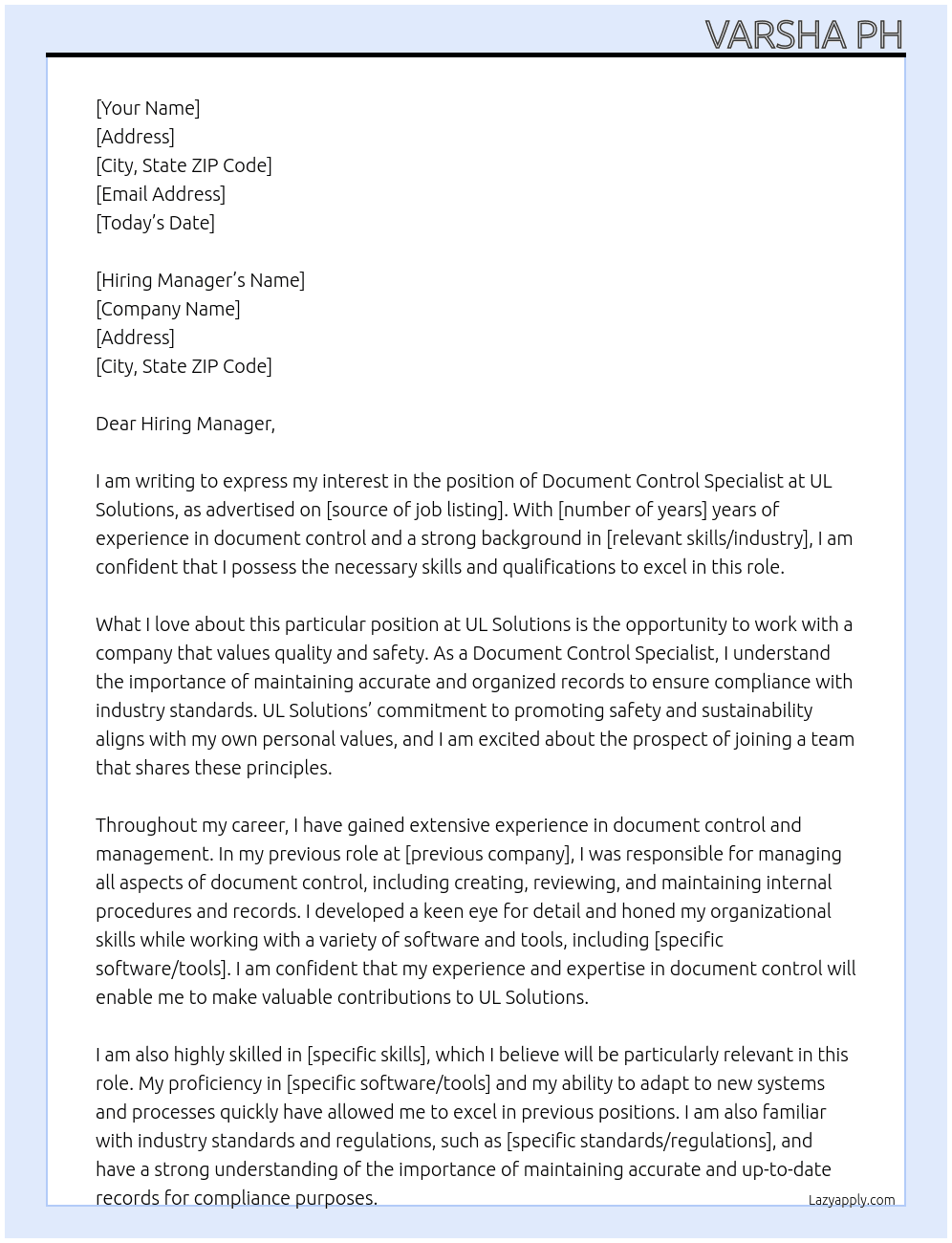 Document Control Specialist At UL Solutions Cover Letter