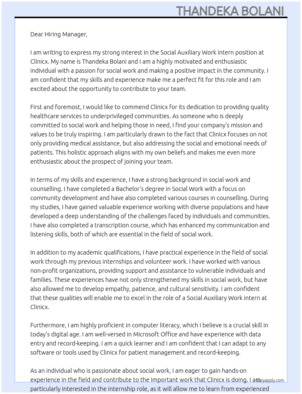Social Auxiliary Work intern At Clinicx Cover Letter