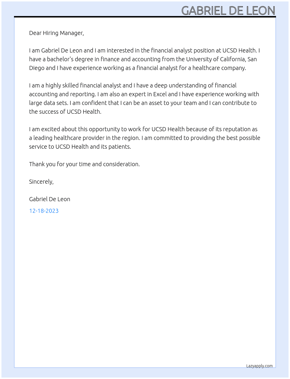 Financial Analyst At UCSD Health Cover Letter