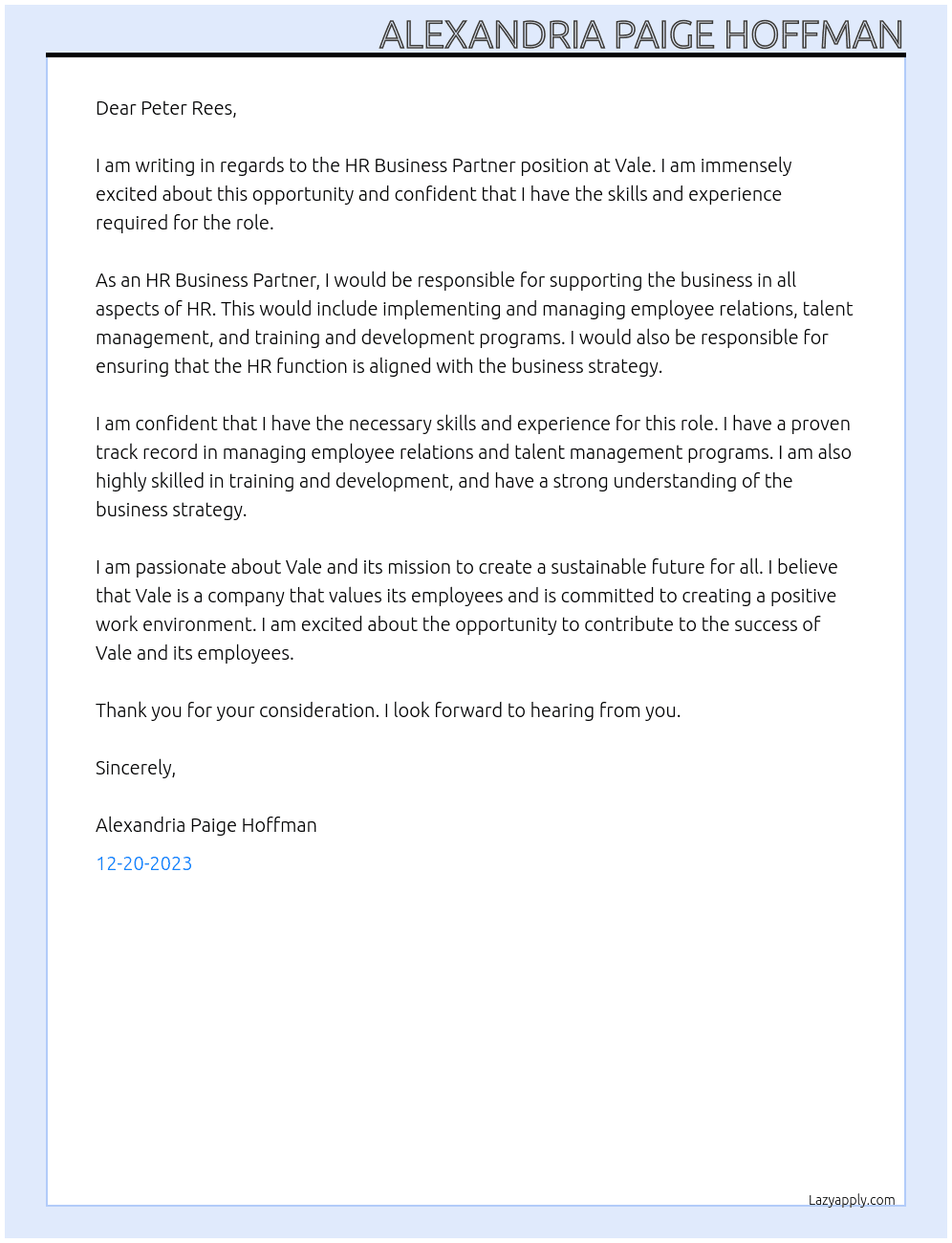 HR Business Partner  At Vale  Cover Letter