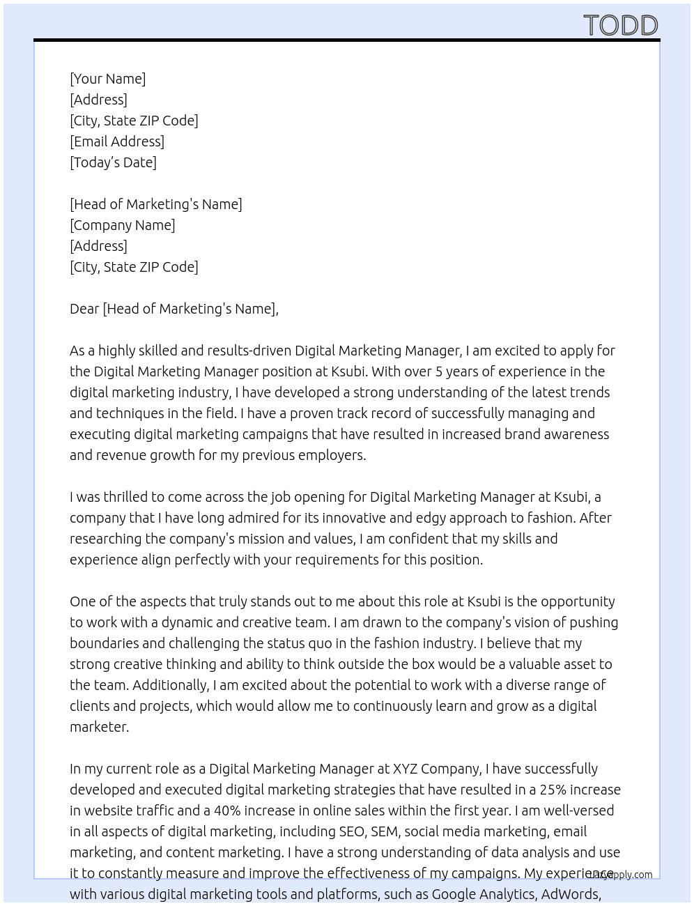 Digital Marketing Manager At Ksubi Cover Letter