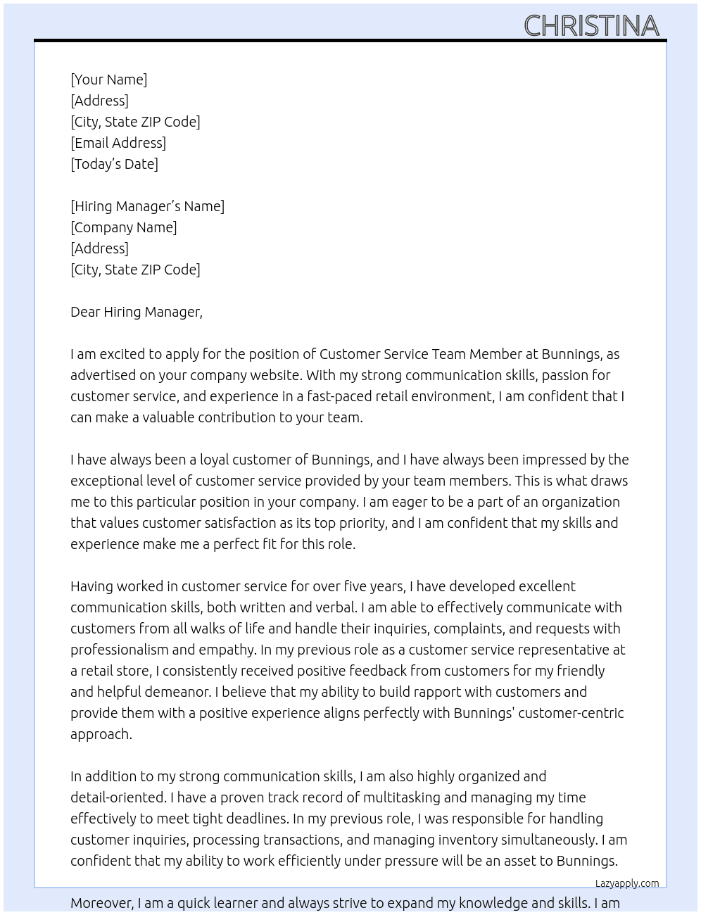 Customer service team member At Bunnings Cover Letter