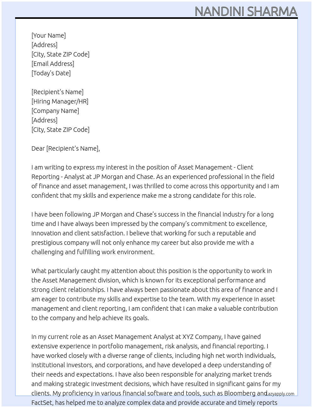 Asset Management - Client Reporting - Analyst At JP Morgan and chase  Cover Letter
