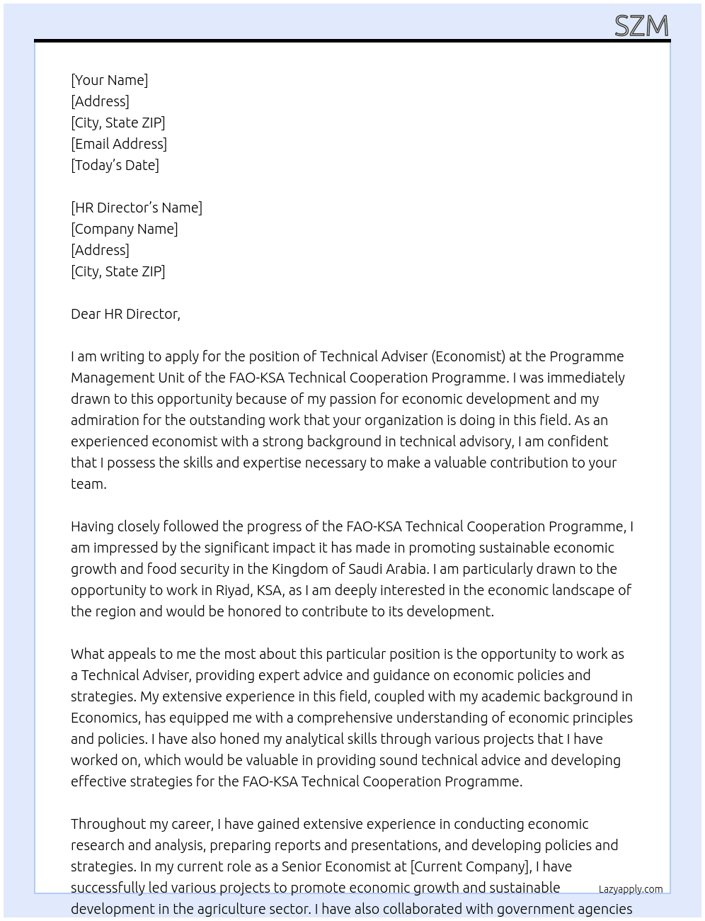 Technical Adviser (Economist)  At the Programme Management Unit of the FAO-KSA Technical Cooperation Programme  Cover Letter