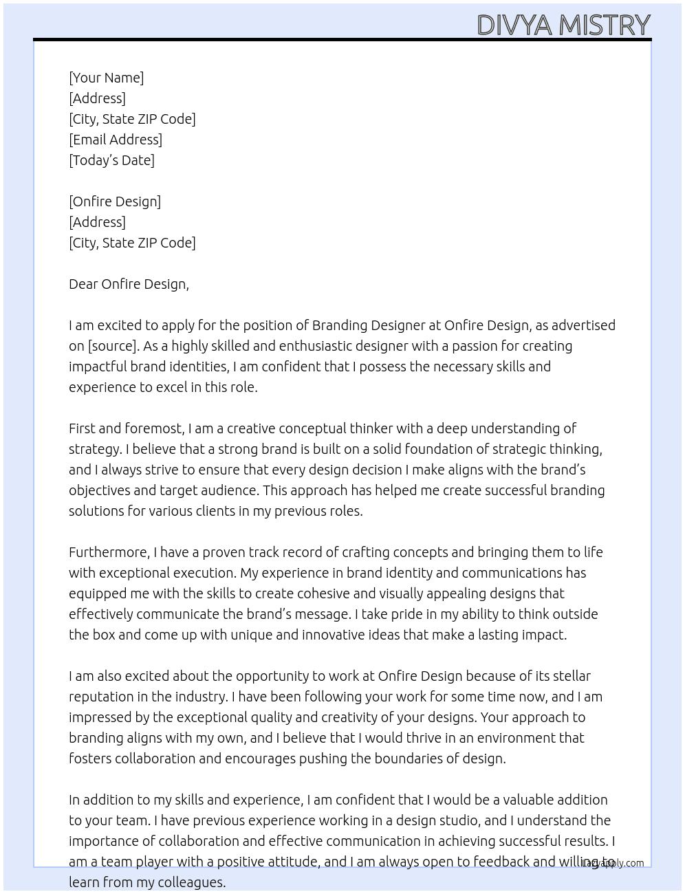 Branding Designer At Onfire Design Cover Letter