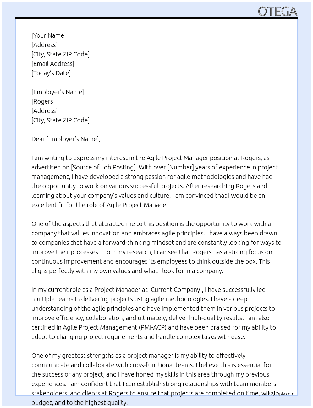 Agile project manager At Rogers Cover Letter