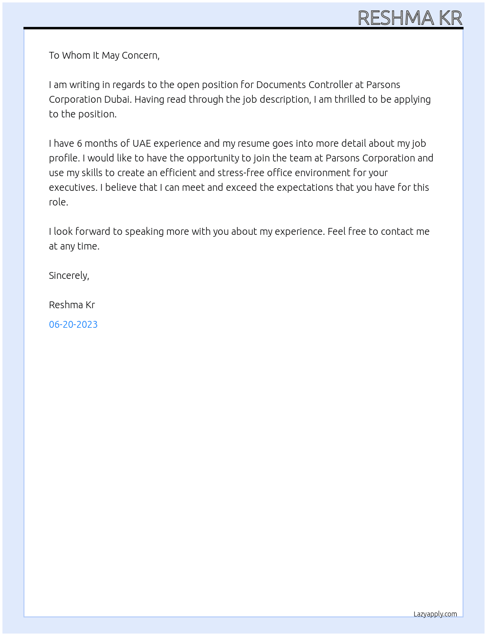 Documents controller  At Parsons corporation  Cover Letter