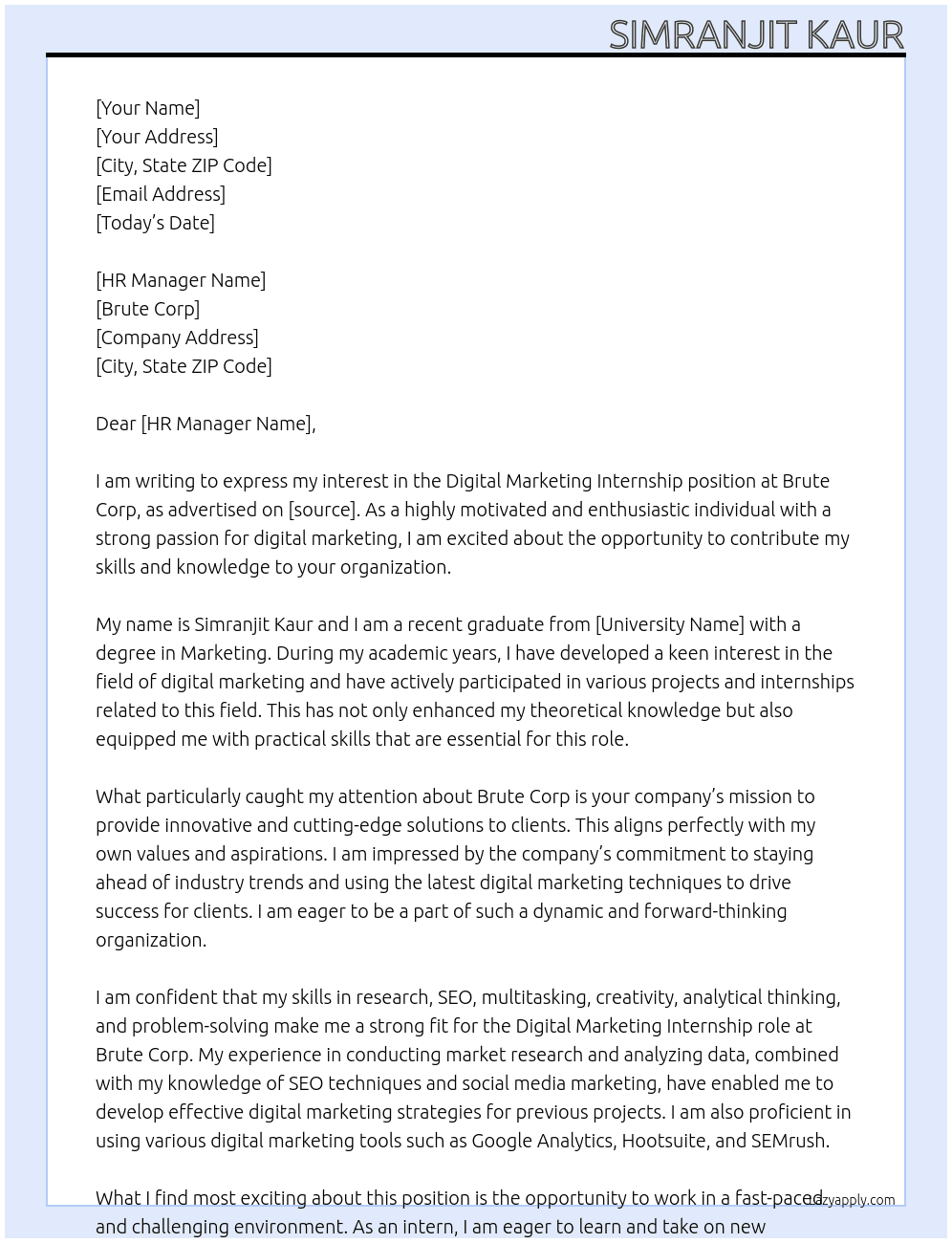 Digital  Marketing Internship  At Brute Corp  Cover Letter