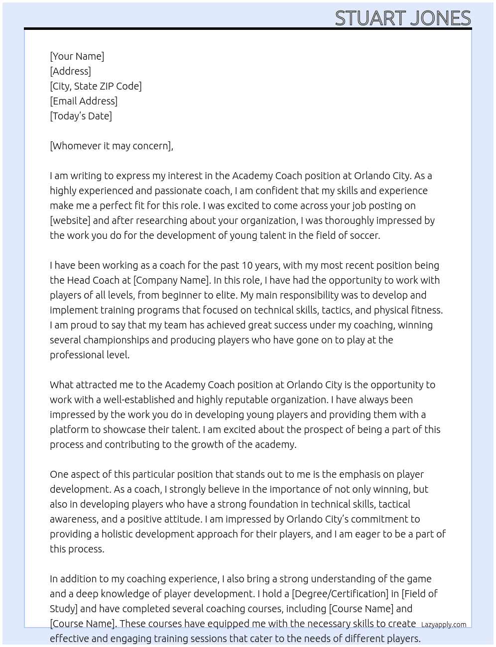 Academy Coach At Orlando City Cover Letter