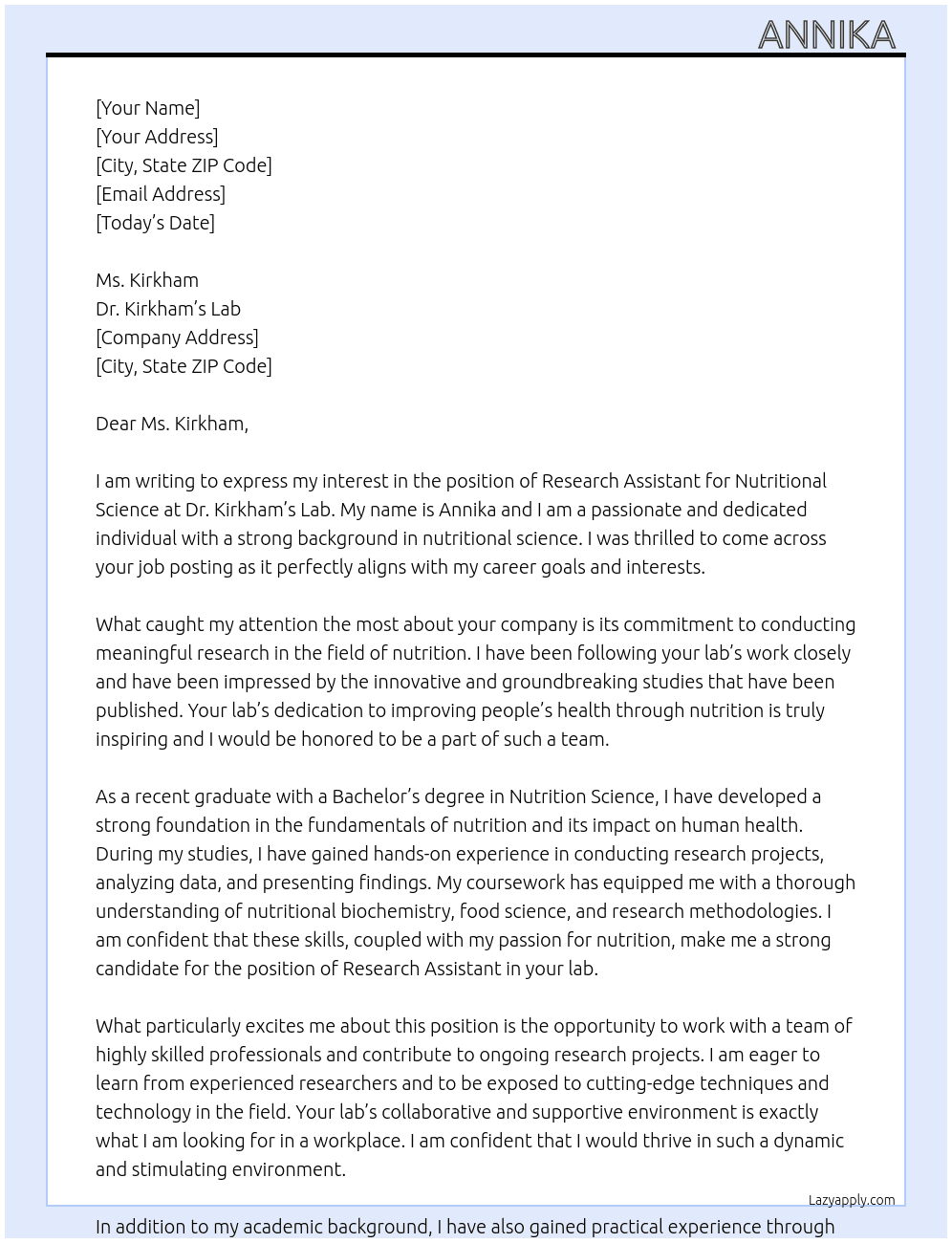Research Assistant for Nutritional Science  At Dr. Kirkhams lab.  Cover Letter