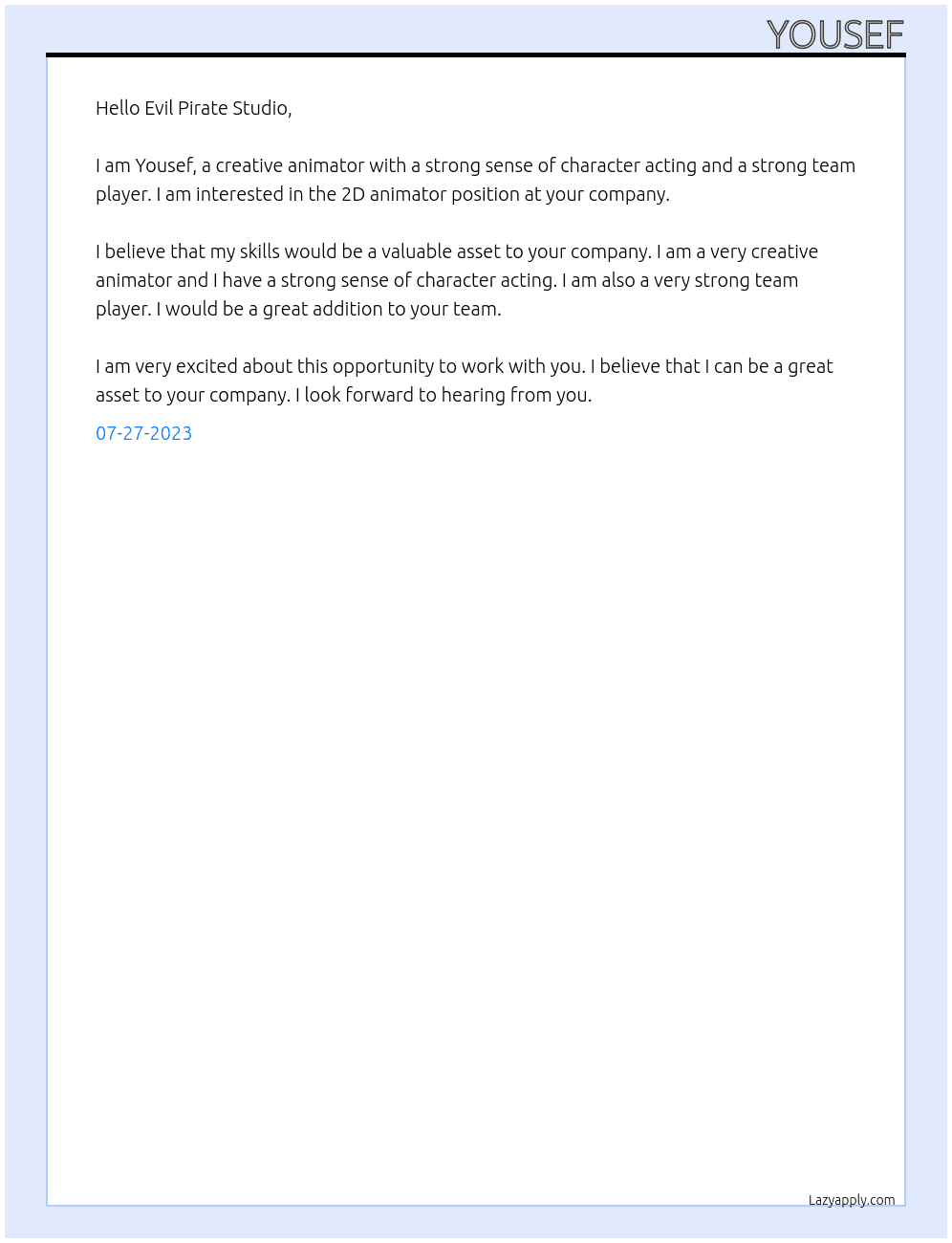 2d animator At Evil Pirate Studio Cover Letter