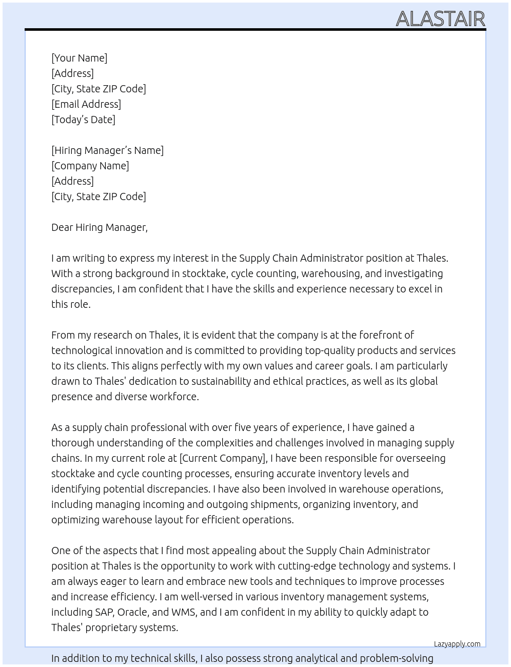 Supply Chain Administrator At Thales Cover Letter