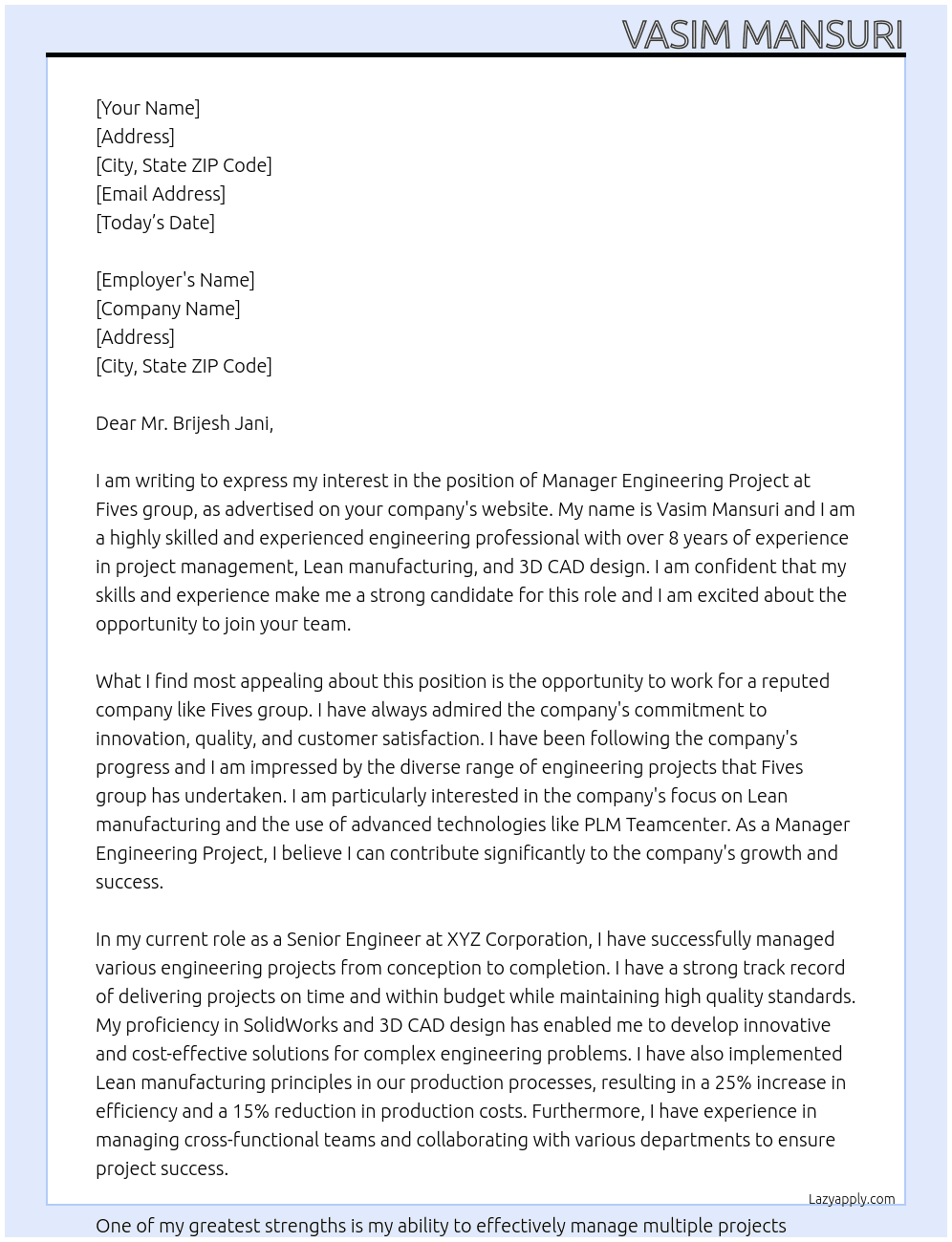 Manager Engineering project At Fives group Cover Letter
