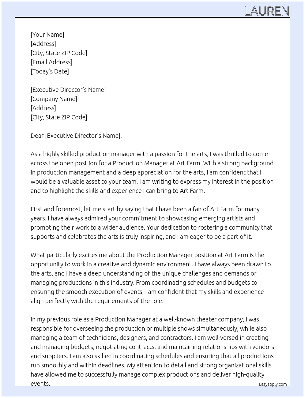 production manager At art farm Cover Letter