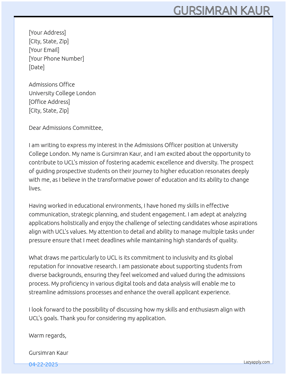 Admissions officer  At University college London  Cover Letter