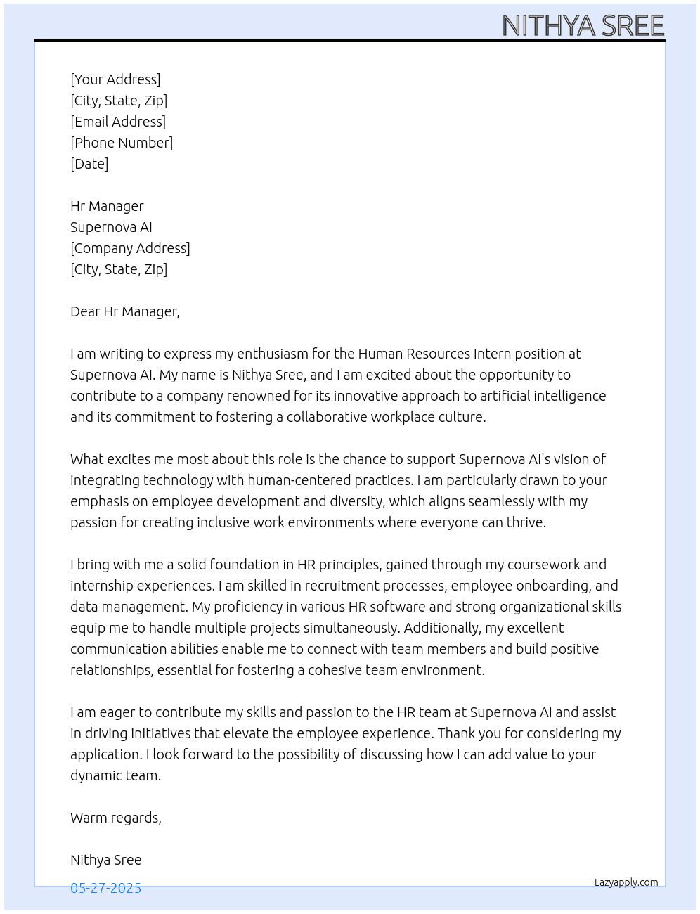Human Resources Intern At Supernova AI Cover Letter