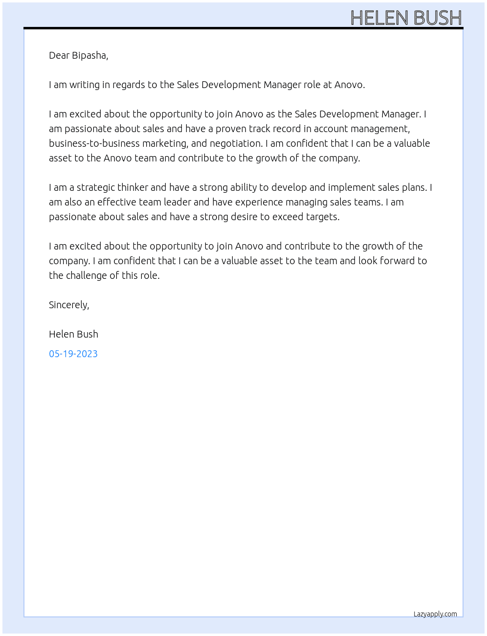 Sales Development Manager At Anovo Cover Letter