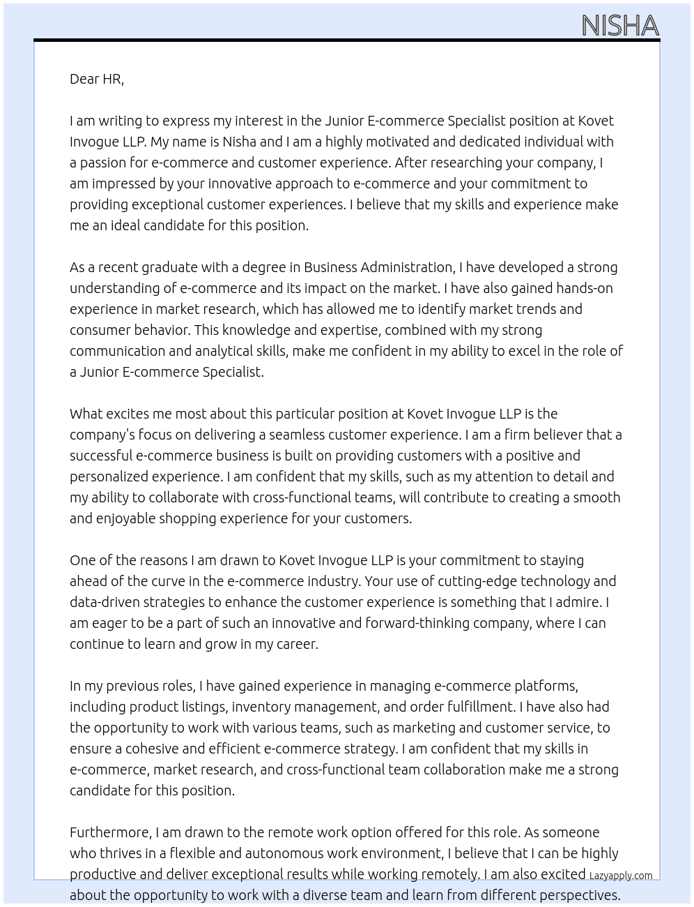 Junior E commerce Specialist At Kovet Invogue LLP Cover Letter