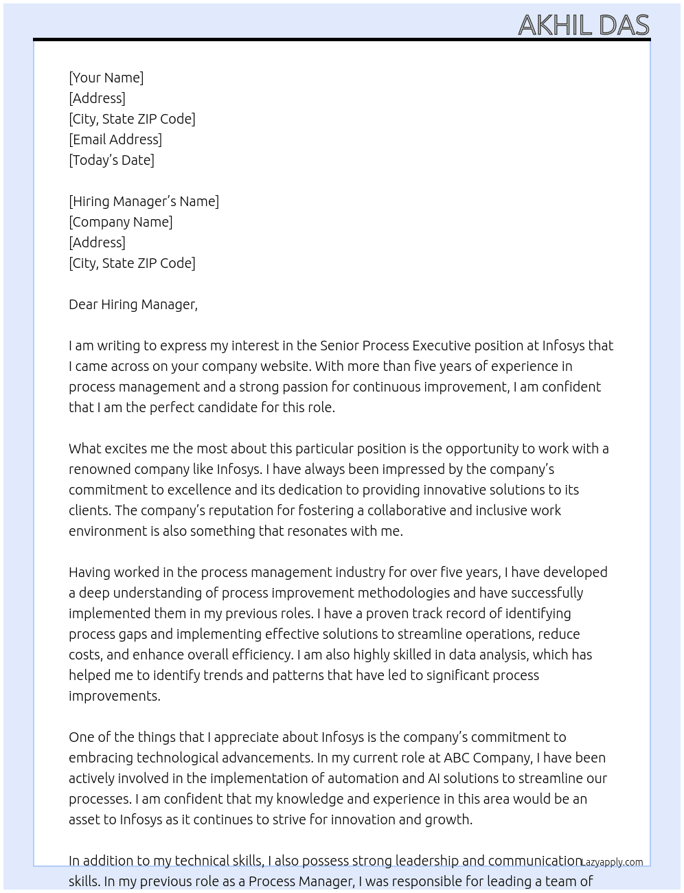 Senior Process Executive  At Infosys  Cover Letter