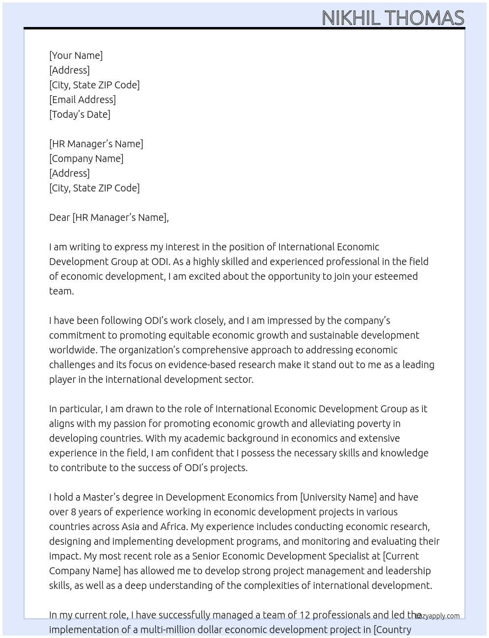 International Economic Development Group At ODI Cover Letter