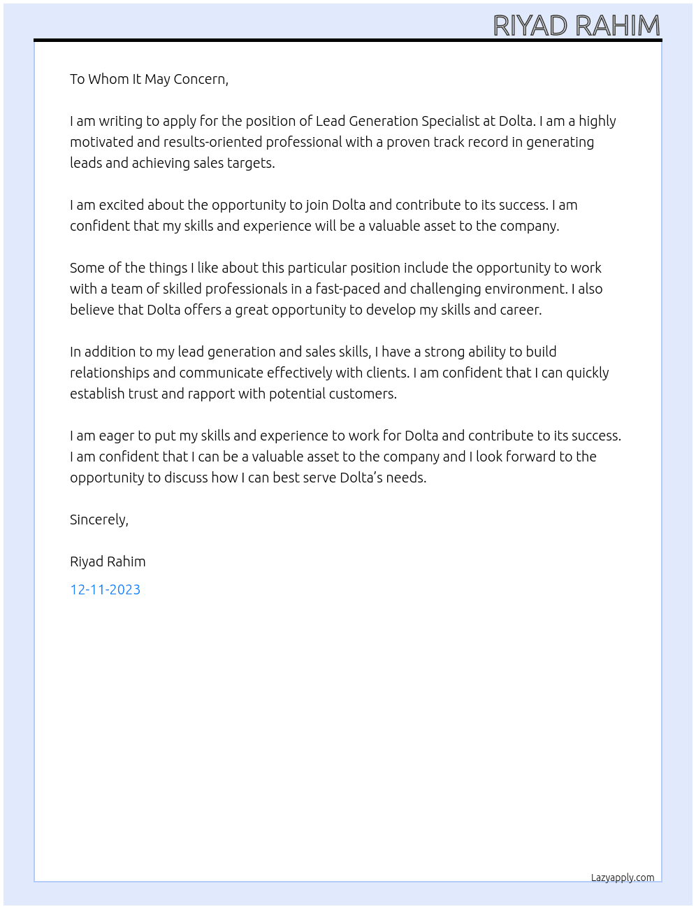 lead generation specialist At Dolta Cover Letter