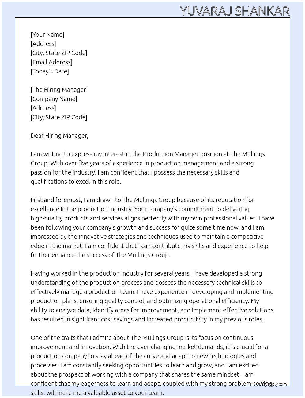 Production Manager At The Mullings Group Cover Letter