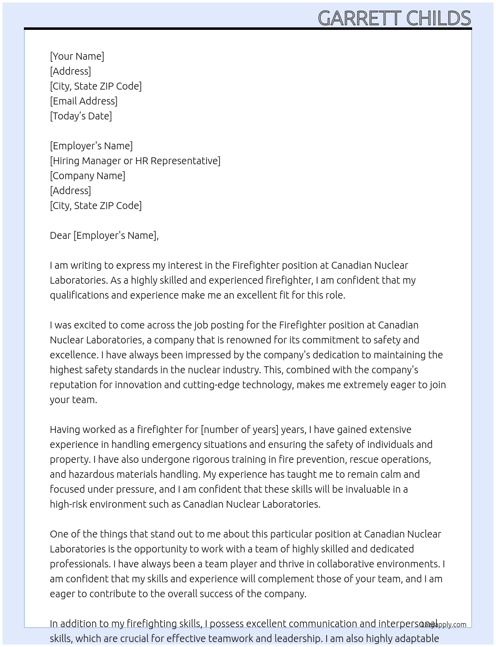 Firefighter At Canadian Nuclear Laboratories  Cover Letter