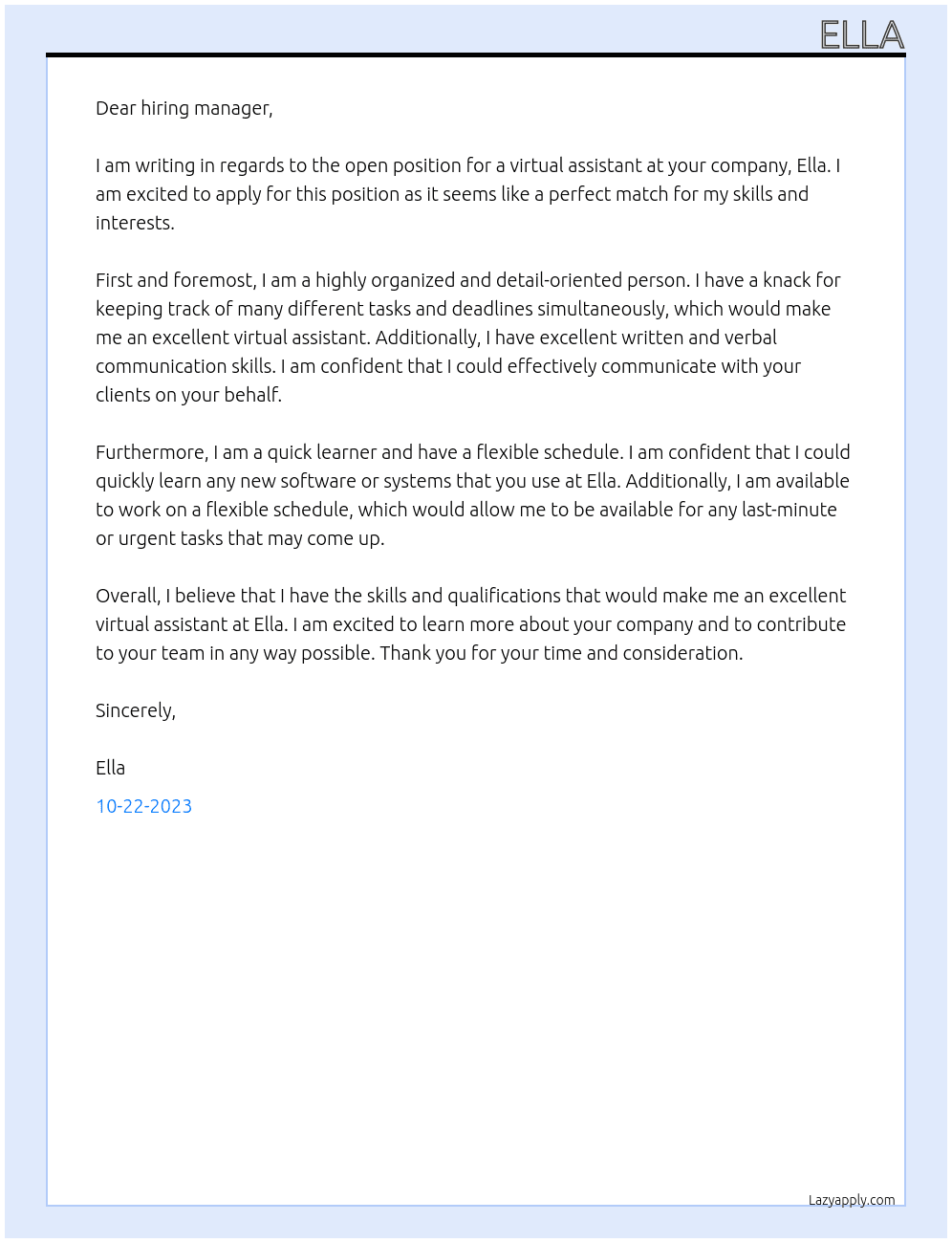 Virtual Assistant At Ella Cover Letter