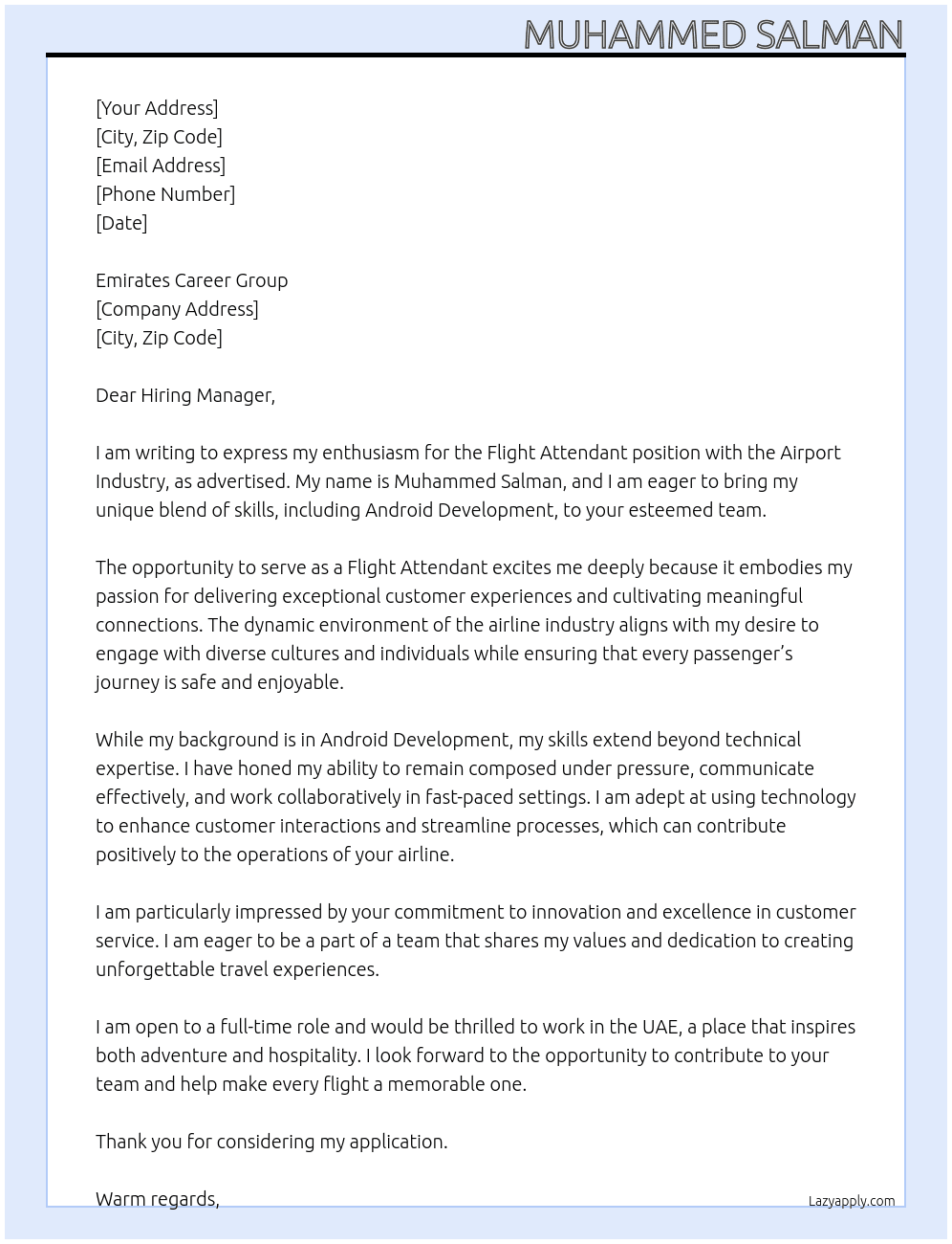 Flight Attendant At Airport Industry Cover Letter