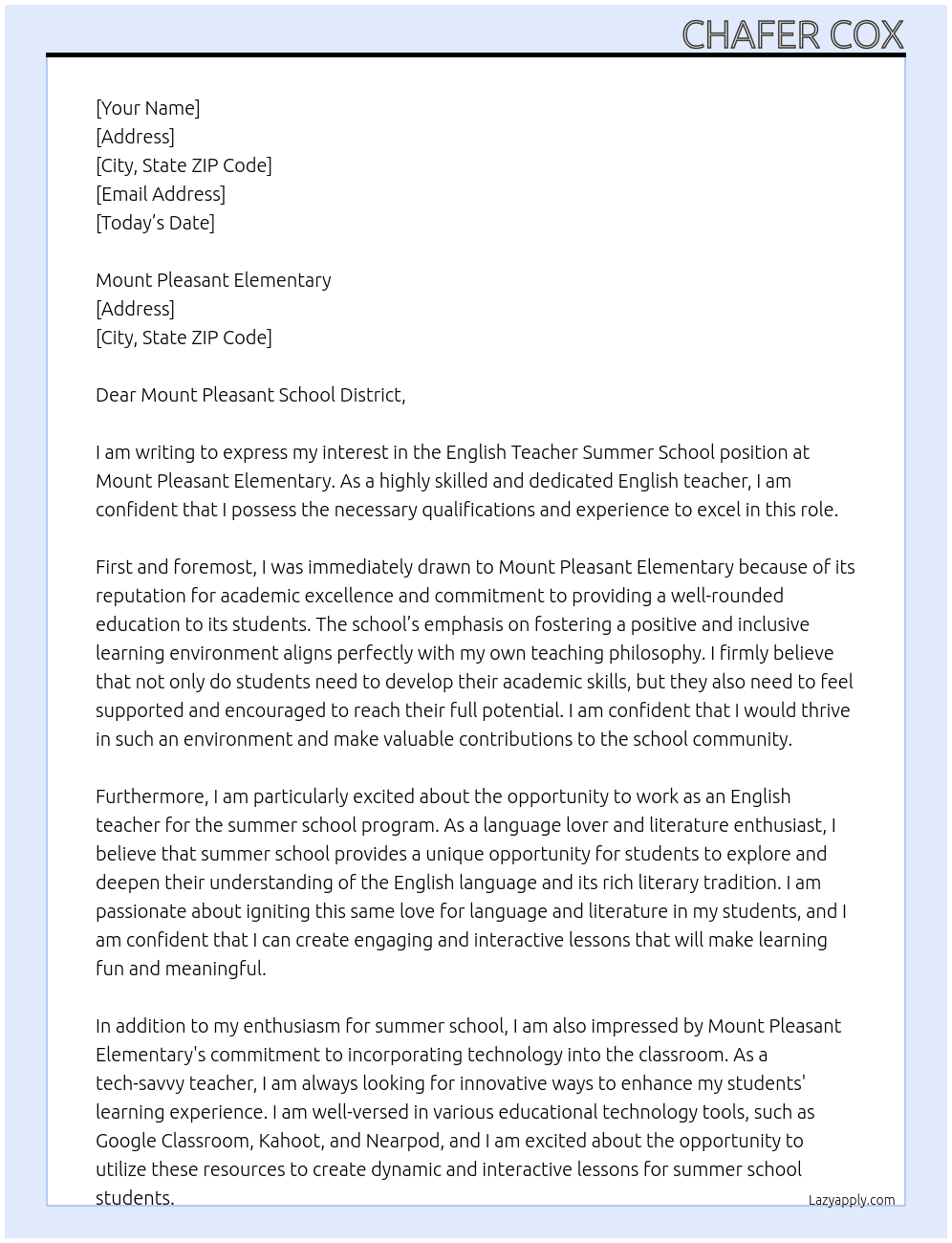 English Teacher Summer School At Mount Pleasant Elementary Cover Letter