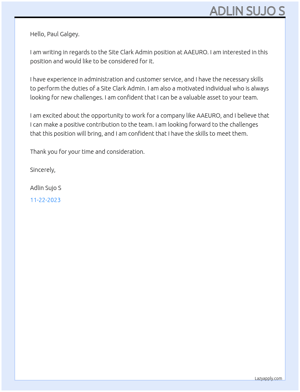 Site Clark Admin At AAEURO Cover Letter