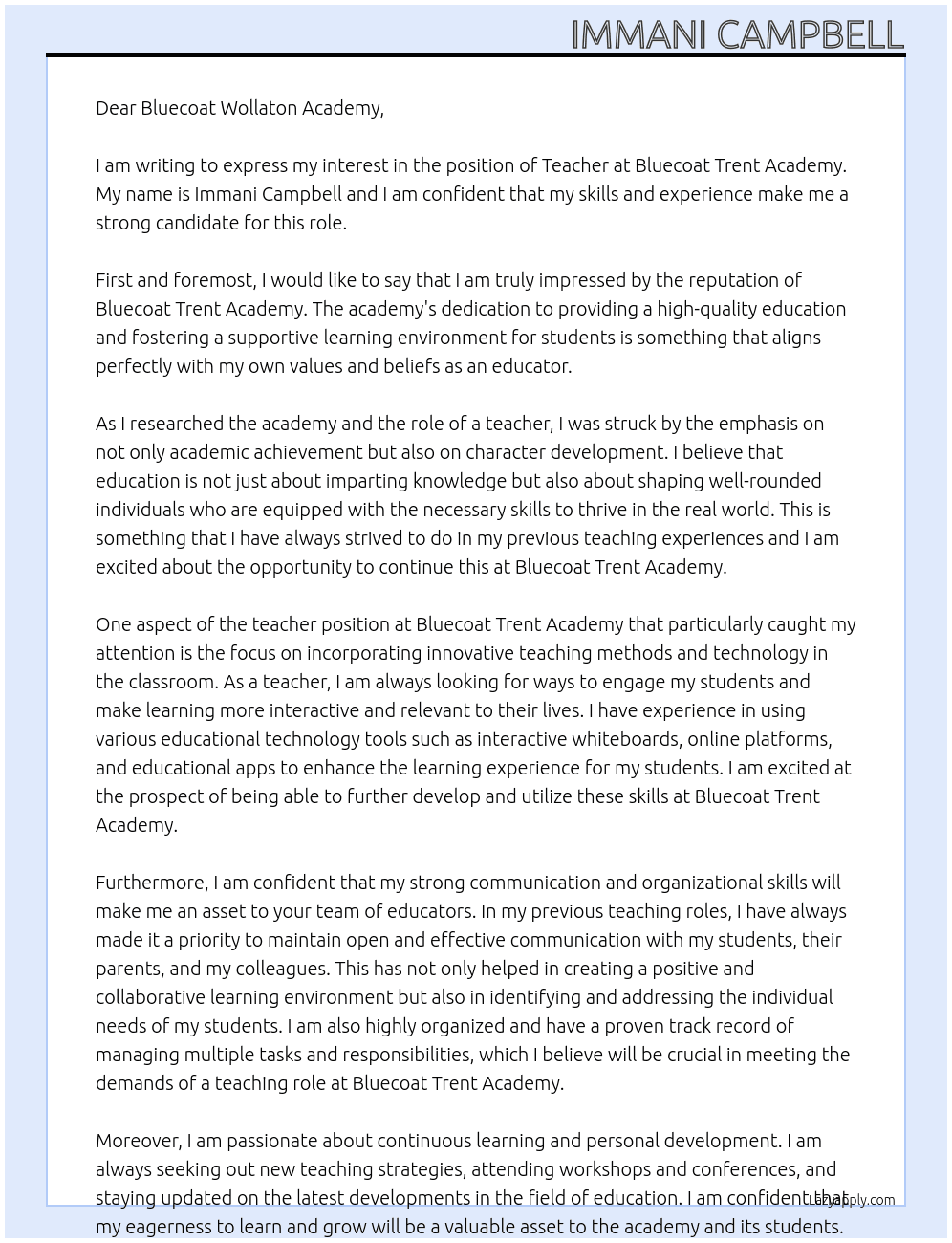 teacher At Bluecoat Trent Academy Cover Letter