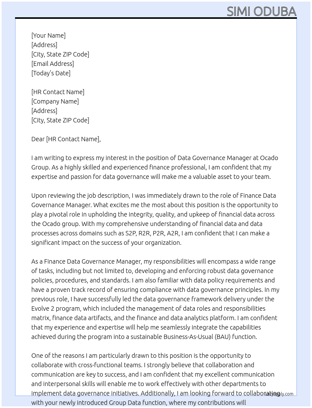 Data Governance Manager At Ocado Group Cover Letter