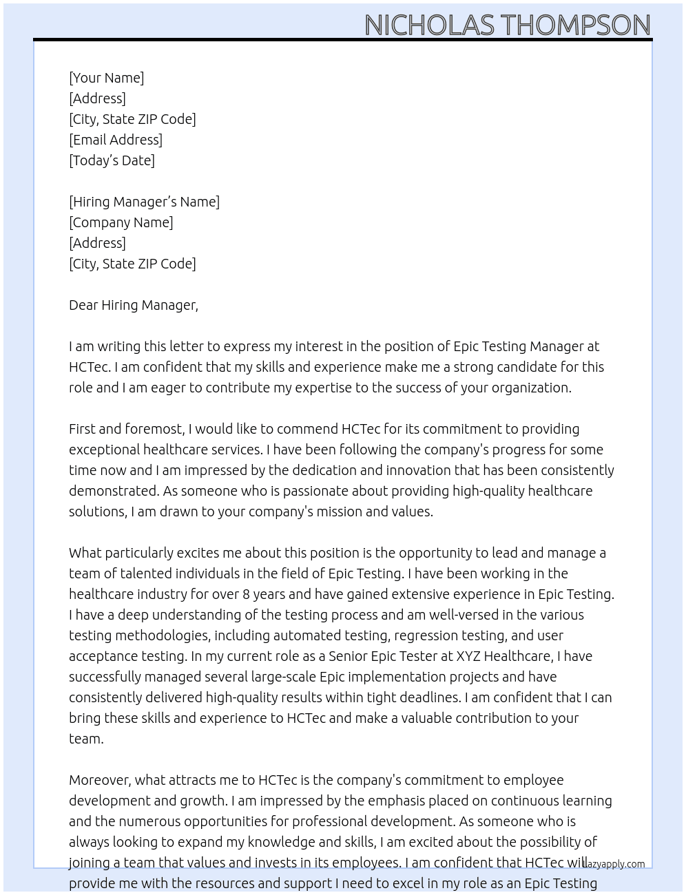 Epic Testing Manager At HCTec Cover Letter