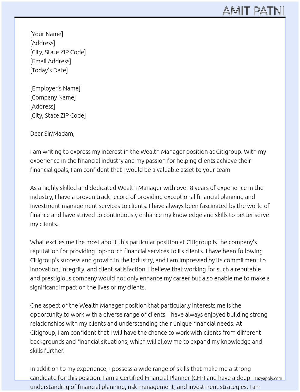 Wealth Manager At Citigroup Cover Letter