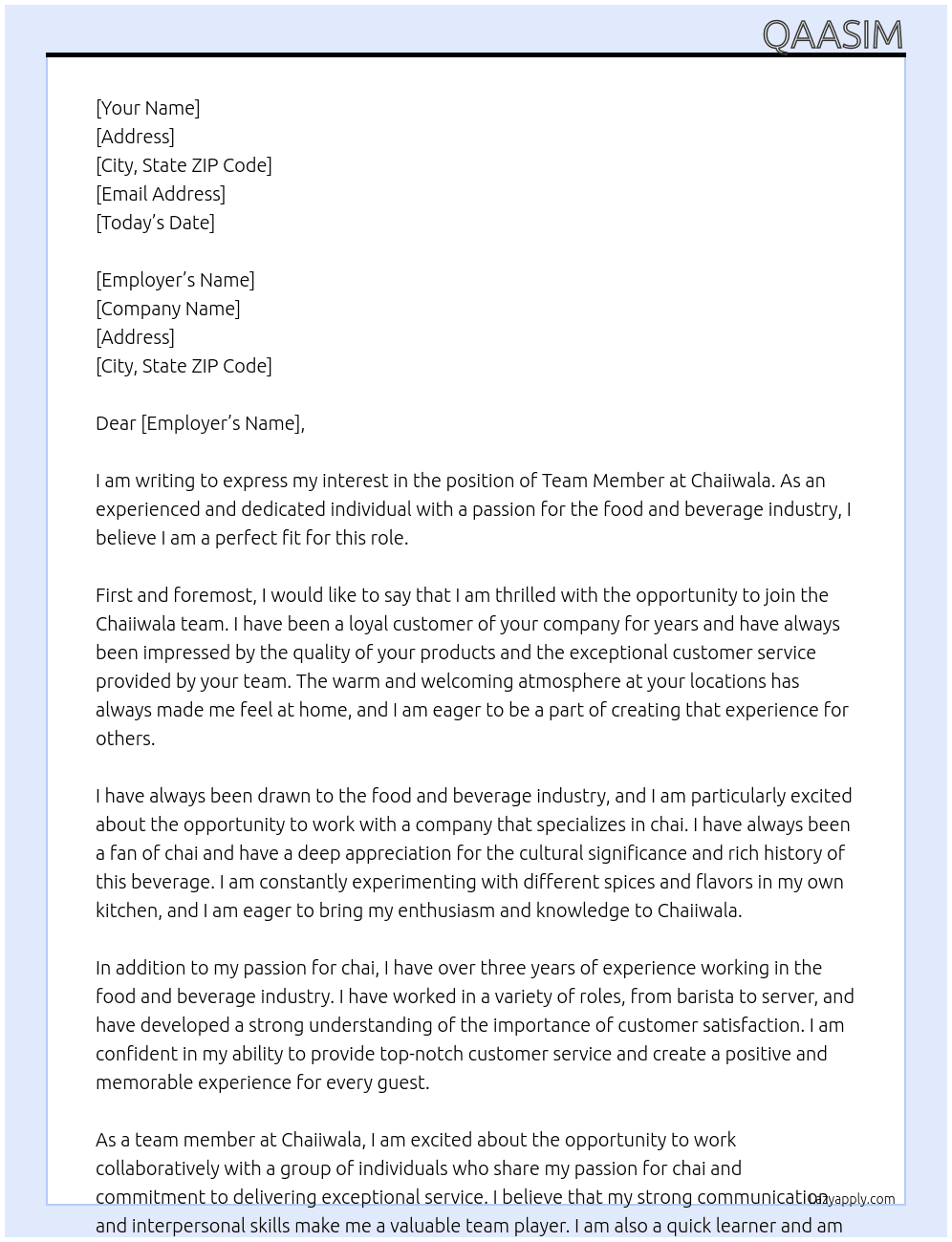 team member At chaiiwala Cover Letter