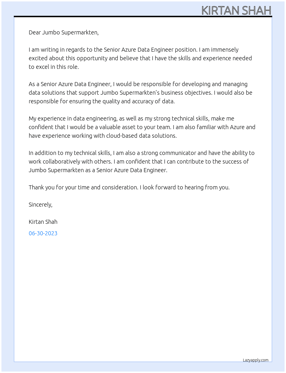 Senior Azure Data Engineer At  Jumbo Supermarkten Cover Letter