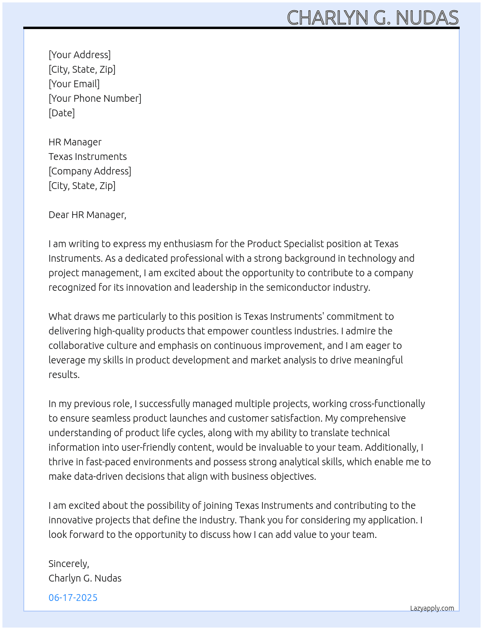 product specialist At Texas Instruments Cover Letter
