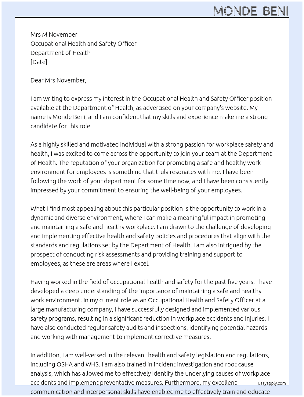 Occupational health and safety Officer  At Department of health  Cover Letter