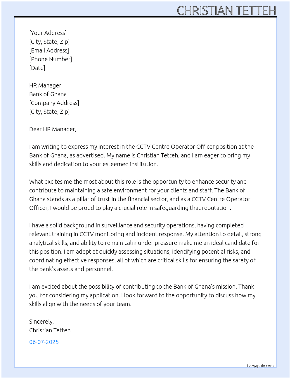 cctv centre operator officer At Bank of Ghana Cover Letter