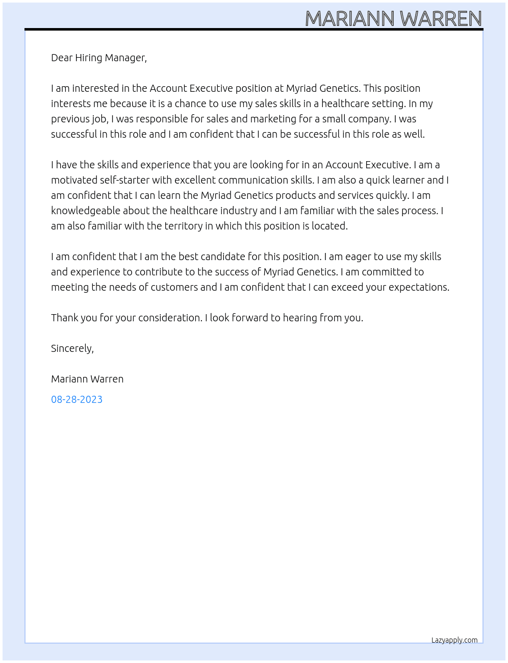 Account Executive At Myriad Genetics Cover Letter