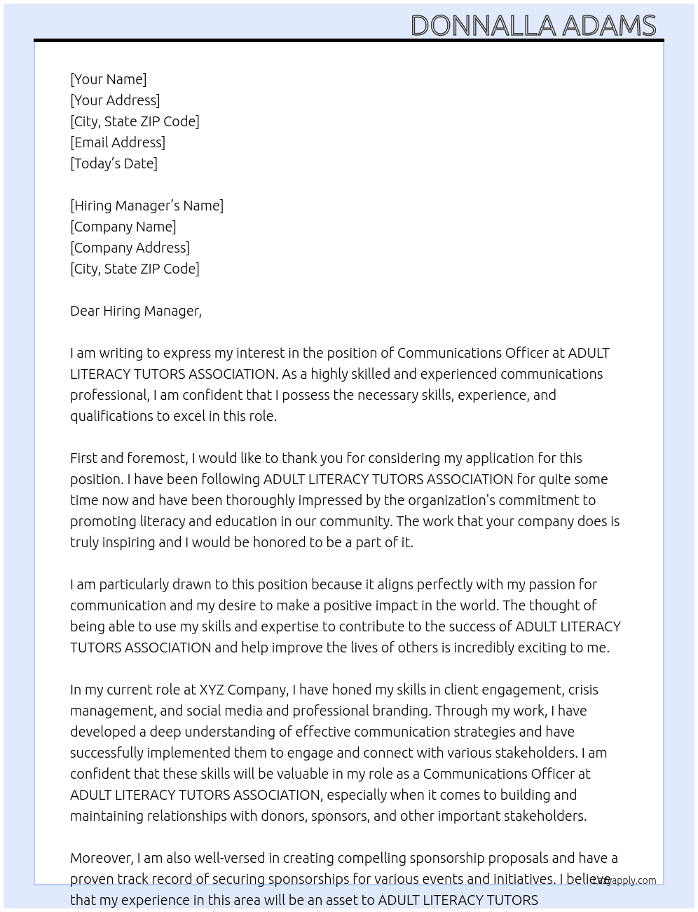 Communications Officer  At ADULT LITERACY TUTORS ASSOCIATION Cover Letter