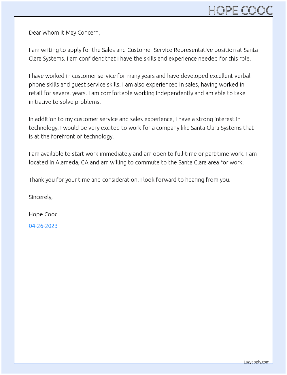 Sales and Customer Service Representative  At Santa Clara Systems Cover Letter