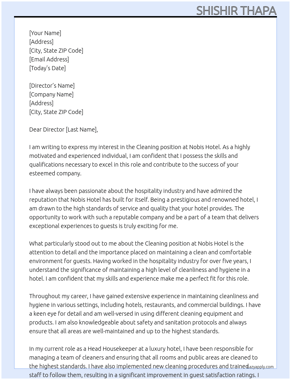 Cleaning  At Nobis Hotel Cover Letter