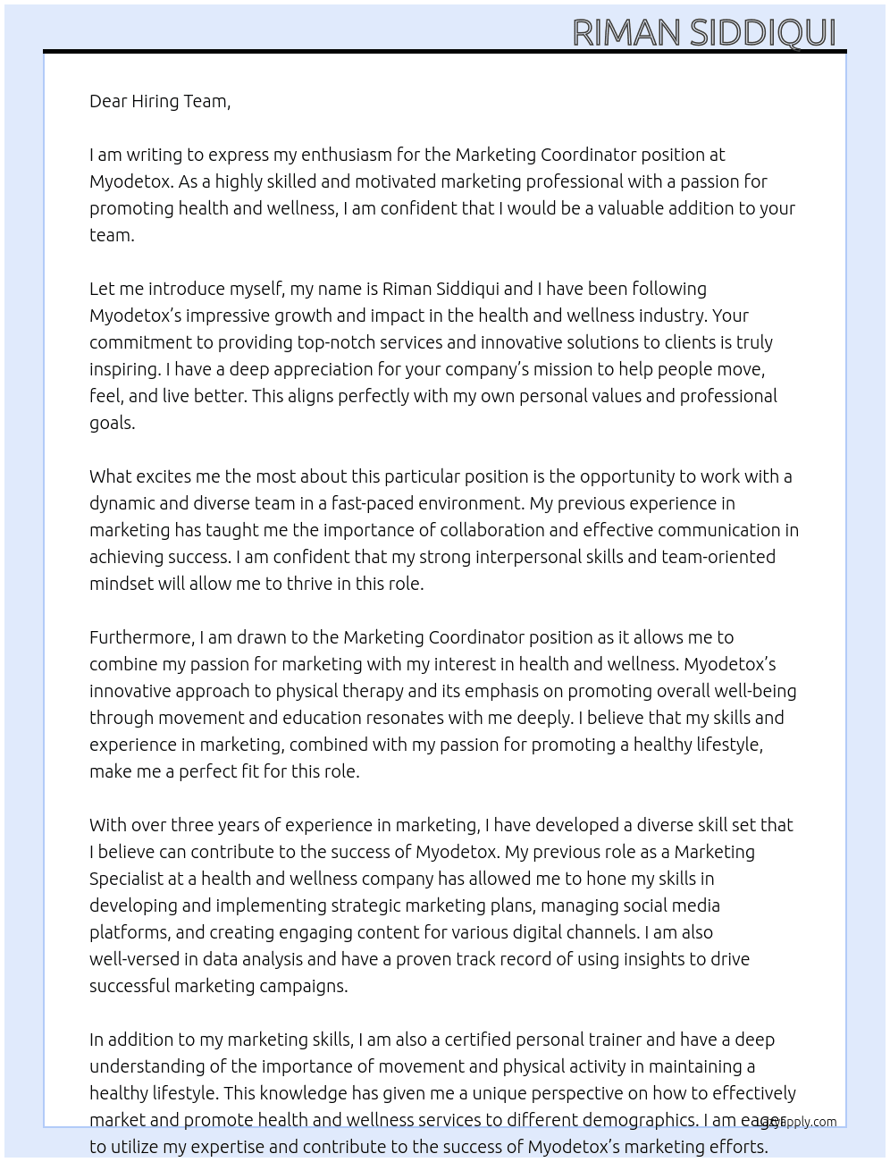 Marketing Coordinator  At Myodetox Cover Letter