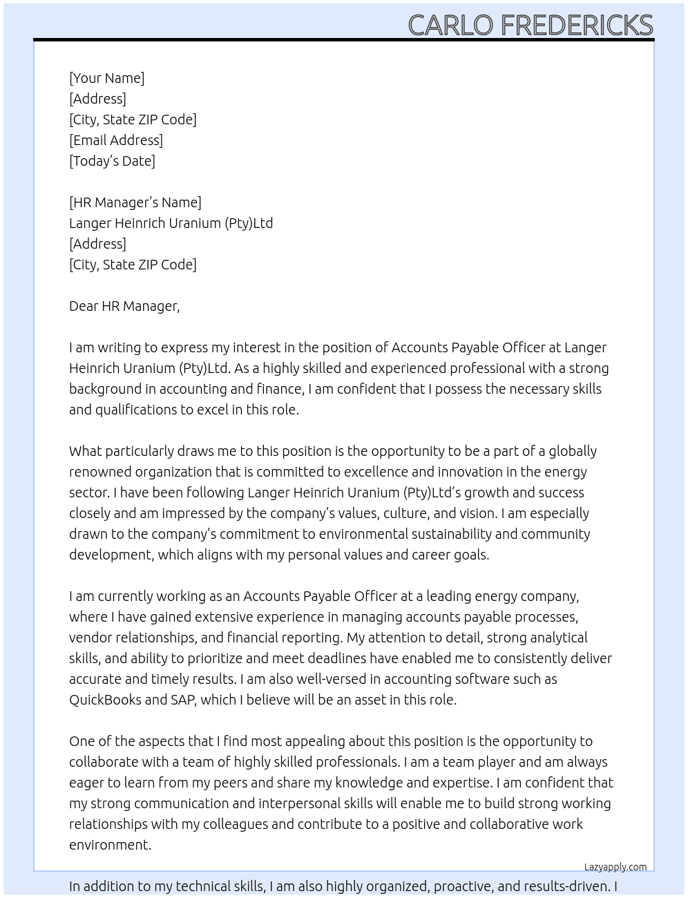Accounts Payable Officer At Langer Heinrich Uranium (Pty)Ltd Cover Letter